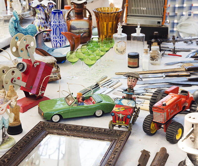 Antiques at Retro Fair 01 Rosario, Argentina - October 12, 2014: A mixture of antiques from cars to glassware on sale at the Retro Fair